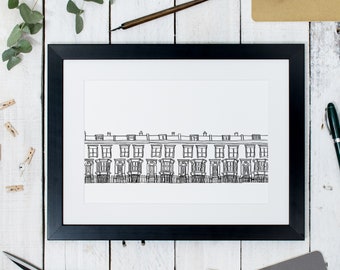 Street Illustration Print: Terraced House Drawing - City Illustration - Black and White House Print - Victorian House Art - Row House Art