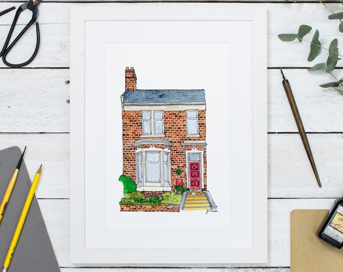 Handgezeichnetes Haus Portrait: Originale individuelle Aquarell Illustration