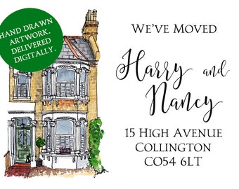 Custom Moving Card Download: Printable change of address or new home postcards. 'We've Moved' new address cards with house portrait.