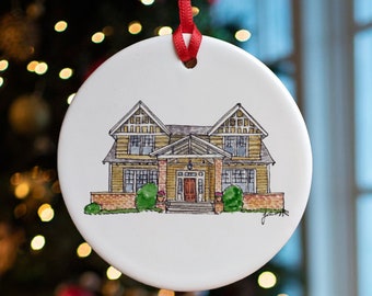 Custom Ceramic Bauble with House Sketch: Perfect housewarming or first Christmas gift, a unique tree ornament with watercolour art