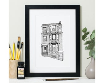 Custom House Illustration: Personalised housewarming or new home gift of a home portrait, a hand-drawn house artwork in pen and ink.