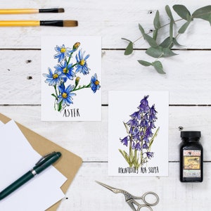 Blumenkarten: Muttertag oder Osterkarte mit Frühlingsblumen. Leere Grüße oder NotizKarte Aquarell Krokus, Schneeglöckchen, Blauglocke oder Aster.