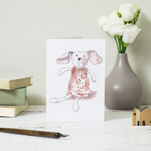Rosa Kaninchen Karte: Hase Grußkarte, perfekt für ein neues Baby, Baby-Dusche oder Ostern, mit einem Kuscheltier Zeichnung und leer innen.