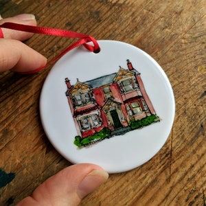 Custom Ceramic Bauble with House Sketch: Perfect housewarming or first Christmas gift, a unique tree ornament with watercolour art image 3