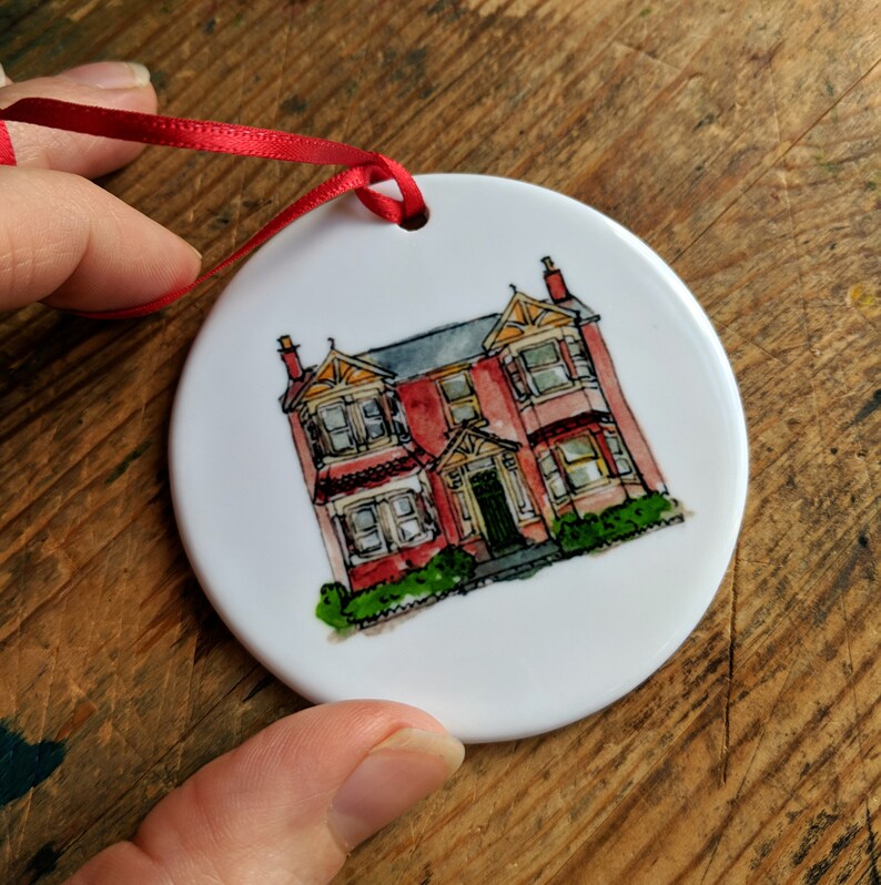 Custom Ceramic Bauble with House Sketch: Perfect housewarming or first Christmas gift, a unique tree ornament with watercolour art image 3