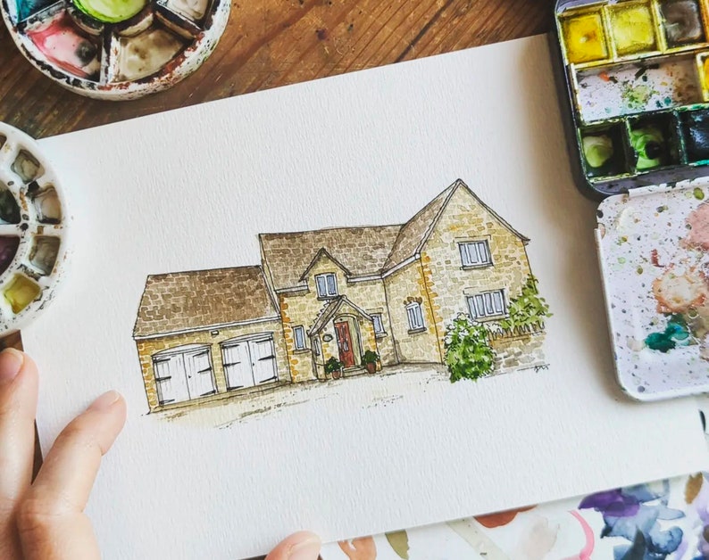 House Portrait: home illustration, hand painted in watercolor. New home or custom house warming gift, original painting from photo. Sketch (Smaller)