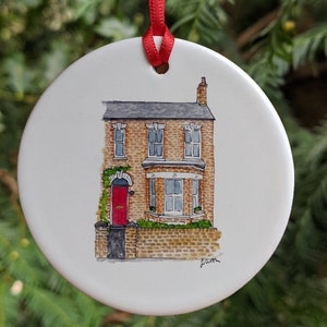 Custom Ceramic Bauble with House Sketch: Perfect housewarming or first Christmas gift, a unique tree ornament with watercolour art image 2