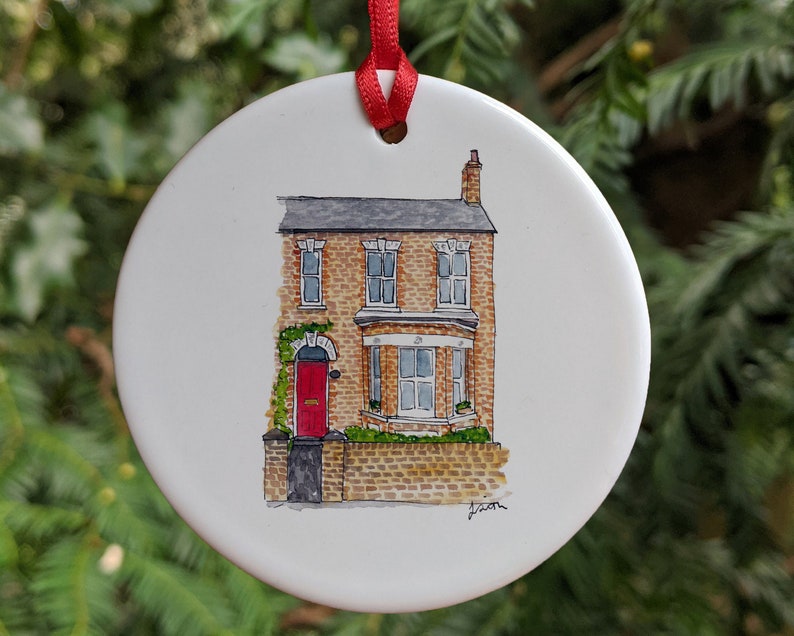 Custom Ceramic Bauble with House Sketch: Perfect housewarming or first Christmas gift, a unique tree ornament with watercolour art image 2