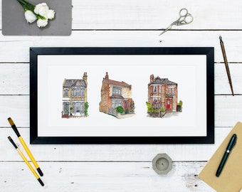 Personalised Building Art: Multiple house portrait of your 'house story'. Custom anniversary or wedding gift for couples.