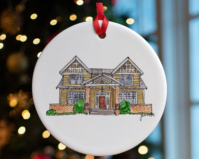 Custom Ceramic Bauble with House Sketch: Perfect housewarming or first Christmas gift, a unique tree ornament with watercolour art image 1
