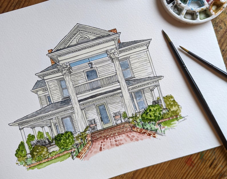 House Portrait: home illustration, hand painted in watercolor. New home or custom house warming gift, original painting from photo. Detailed (Larger)