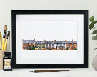 Cottage Art Print: Welsh Row of Welsh cottages illustration in ink and watercolour. Little house illustration print for your gallery wall.