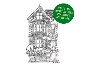 Personalised Building Drawing: Digital file of your custom house drawing, a hand-drawn home portrait in pen and ink to print at home.