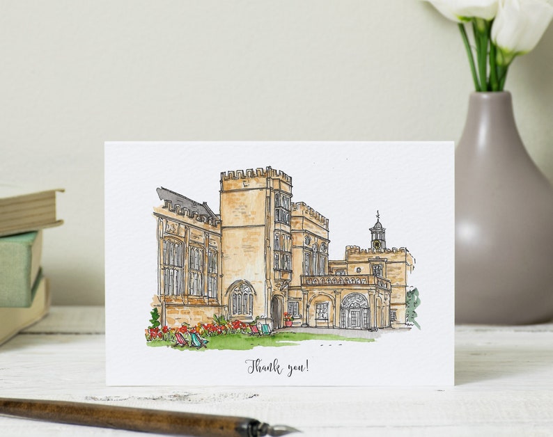 Wedding Thank You Cards: Personalised with an art sketch of your illustrated Venue. Watercolour stationery for your hand made wedding. image 1