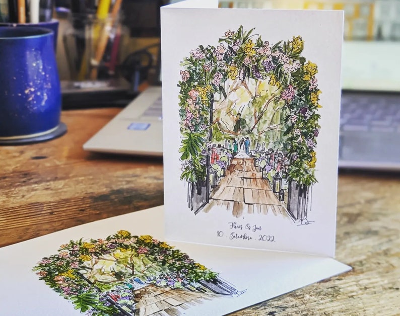 Wedding Thank You Cards: Personalised with an art sketch of your illustrated Venue. Watercolour stationery for your hand made wedding. image 3