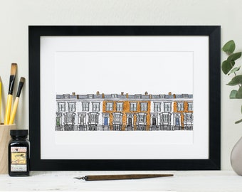 Terraced House Print: Town house illustration for the perfect housewarming gift. Drawing of London street in watercolour.