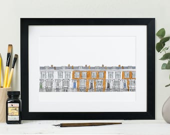 Terraced House Print: Town house illustration for the perfect housewarming gift. Drawing of London street in watercolour.