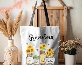 Personalized Tote Bag You are My Sunshine Custom Name Tote Bag for Her Book Lover Gift Tote Bag with Flowers on it For Mom Teacher Tote Bag