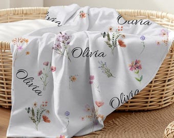 Copertina per neonato personalizzata con fiori selvatici e nome, copertina per neonata, regalo personalizzato per baby shower, copertina floreale personalizzata, copertina con fiori selvatici, regalo per neonato