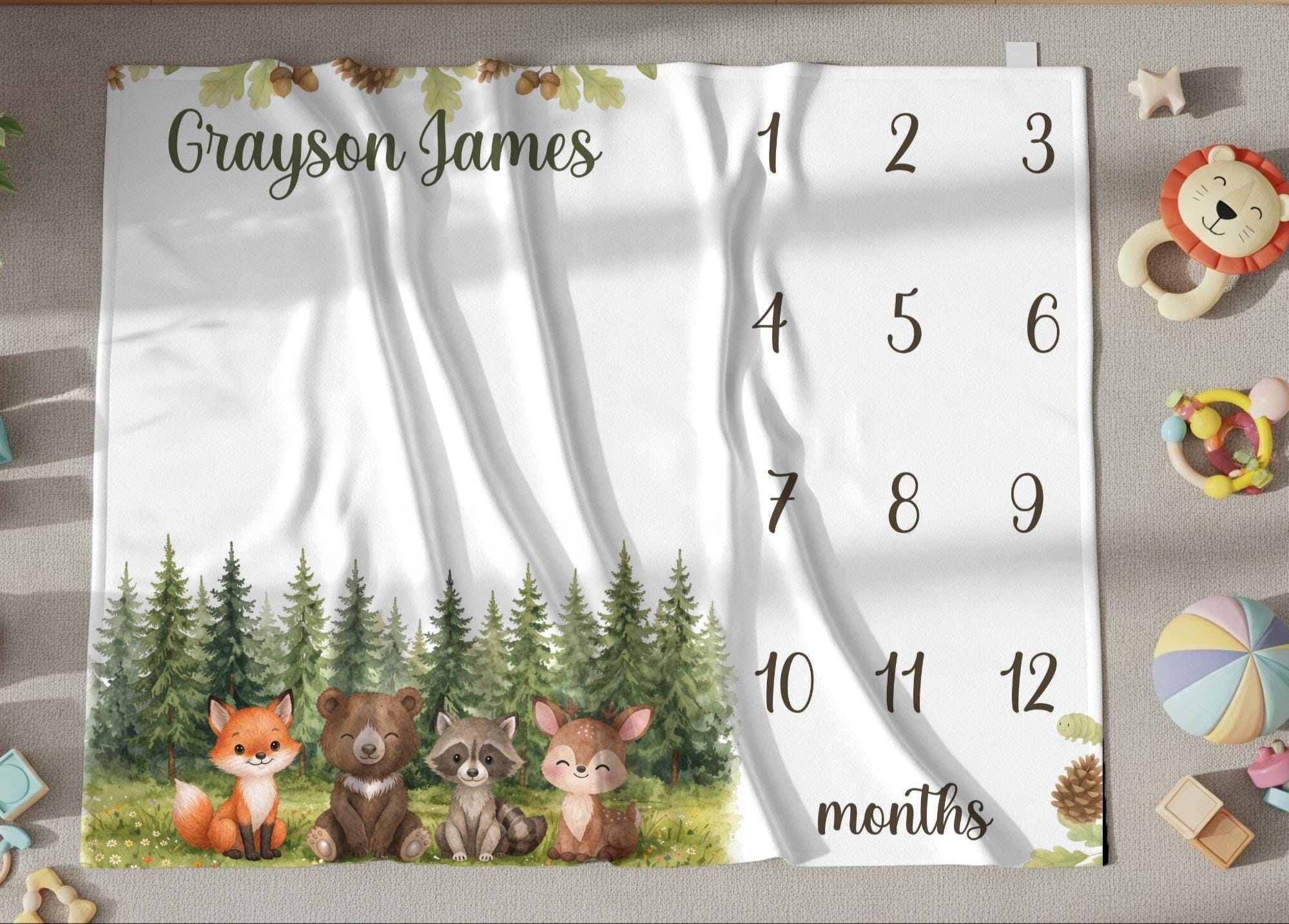 Woodland Animal Baby Milestone Blanket Personalized Monthly Milestone ...