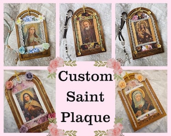 Custom Catholic Saint Icon | Decoupage Wooden Plaque | Gold Leaf, Ribbon, Crucifix One of a Kind Artwork