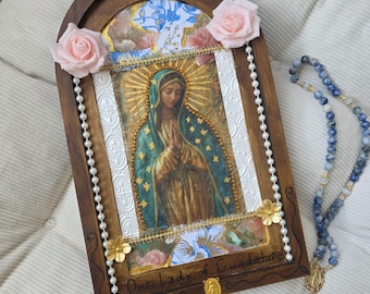 Our Lady of Guadalupe Wooden Icon | Decoupage Plaque | Blessed Mother Mary | Handmade Catholic Wall Art | Gold Leaf & Ribbon Mixed Media