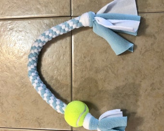 Fleece Tug Toy Baby Blue and White With Ball for Dogs