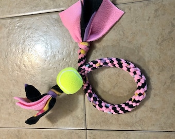 Fleece Tug Toy Pink and Black Multi-Colored Fleece With Ball for Dogs