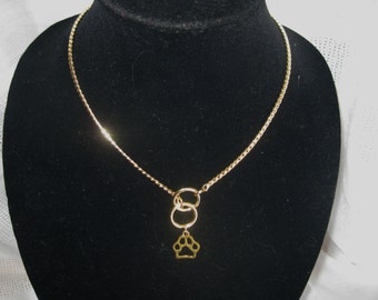 18" Gold Tone Necklace, Snake Chain Necklace, Choke Chain Necklace with Paw Print Charm