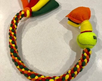 Dog Tug Toy Multi Colored With Ball Orange, Green, Yellow, Red