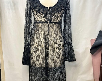 Vintage Black Lace Gothic Dress | Sheer Lace Midi Dress | Victorian Goth Romantic Dress | Long Sleeve Lace Witchy Dress