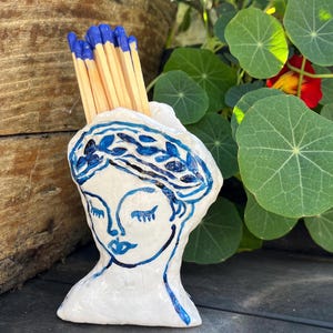 Blue and White Grecian Lady Ceramic Match Holder with Striker (Includes Matches)