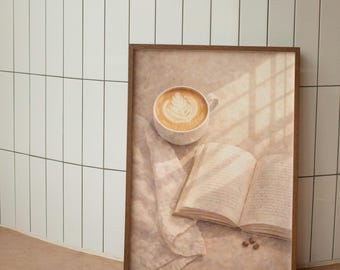 Coffee Bar Decor | Coffee & Book Still Life Print | Neutral Wall Art | Reading Corner Decor | Cafe Style Poster