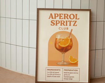 Plakat z Aperolem Spritzem, Dekoracja z przepisem na koktajl, Ilustracja do letniej kuchni, Nowoczesny akcent w barze, Neutralny styl domu