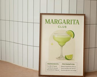 Póster de cóctel margarita, arte de carrito de bar verde lima, impresión de recetas de cocina, descarga digital moderna y neutra