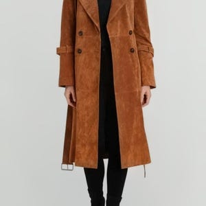 Brown Suede Leather Trench Coat For Women Genuine Lambskin Stylish Winter Long Fashion Coat