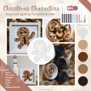 Peut inclure: Un ensemble de modèles de quilling pour débutants sur le thème des personnages de Noël. L'image montre un bonhomme en pain d'épices en quilling dans un cadre blanc, ainsi que d'autres modèles sur le thème de Noël. Comprend le Père Noël, Mme Claus, Rudolph, Angel, Frosty, Tree et Gingerbread Man.