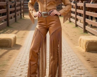 Pantalones de cuero hechos a mano con borlas para mujer – Pantalones estilo western con flecos – Conjunto de moda vaquera rodeo