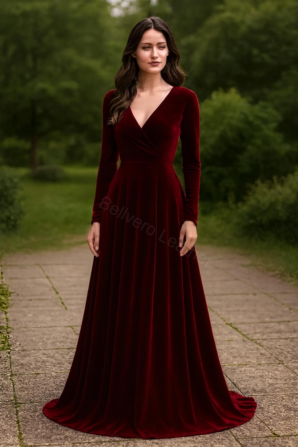 maxi brown bodycon dress Zapaka Women Burgundy Velvet Long Sleeves Bridesmaid Dress with Slit Cold  Shoulder Sheath Ruched Wedding Guest Dress – ZAPAKA main image 0