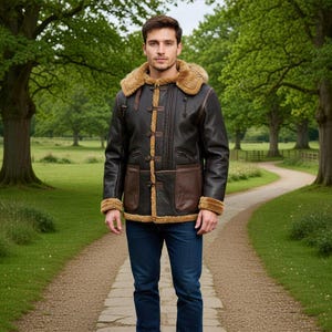 Könnte beinhalten: Braune Lederjacke mit Lammfellkragen und -besatz. Die Jacke hat einen Knopfverschluss und zwei Vordertaschen. Die Person trägt eine blaue Jeans und steht auf einem Weg.