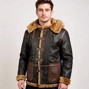 Chaqueta bomber vintage B7 de piel de oveja para hombre: abrigo de invierno de cuero marrón y chaqueta con capucha de piel hecha a mano.