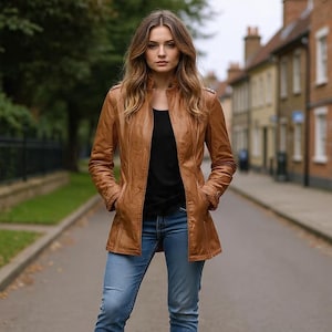 Chaqueta larga de piel marrón hecha a mano para mujer – Abrigo de invierno de corte ajustado – Estilo casual chic