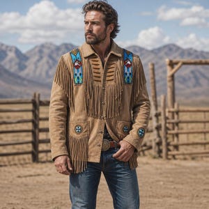 Men’s Cowboy Leather Fringe Jacket – Handmade Western Ranch Coat – Native Inspired Outerwear