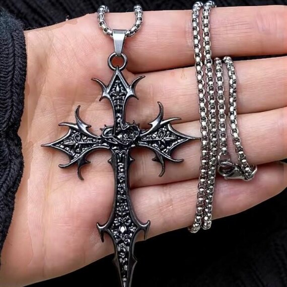 Silver Cross Necklace, Double Sided Punk Pendant, Retro Hip Hop