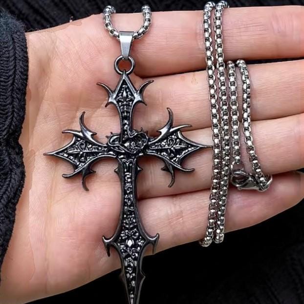 Silver Cross Necklace, Double Sided Punk Pendant, Retro Hip Hop