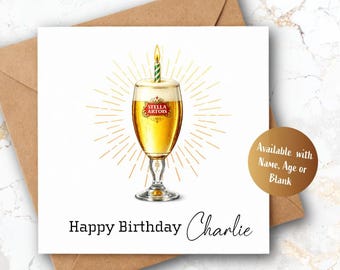 Personalised Stella Birthday Card, Custom Name Age Beer Lover Gift
