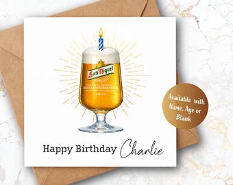 Personalised San Miguel Birthday Card, Custom Name Age Beer Lover Gift