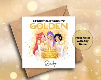 Personalised Golden Birthday Card – Custom Name, Sparkly Cake, Kpop inspired card