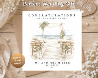 Personalised Wedding Card, Custom Names, Summer Beach Ceremony Design