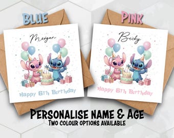 Personalised Stitch inspired  Birthday Card, Custom Name Age Kids Greeting Card